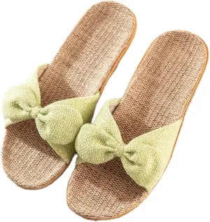 Flip Flops Women Shoes Flax Slippers Pure Color Bow Flat Slides Ladies Casual Home Slip On Female Linen Flip Flops-C_8_Us (B 9 US)