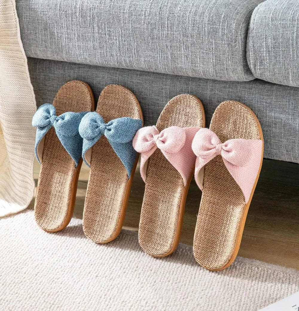 Flip Flops Women Shoes Flax Slippers Pure Color Bow Flat Slides Ladies Casual Home Slip On Female Linen Flip Flops-C_8_Us (B 9 US)