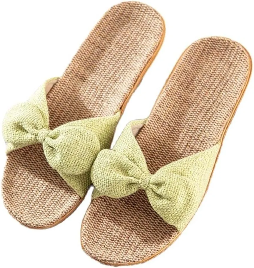 Flip Flops Women Shoes Flax Slippers Pure Color Bow Flat Slides Ladies Casual Home Slip On Female Linen Flip Flops-C_8_Us (B 9 US)