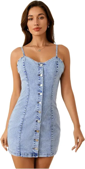 Floerns Women's Adjustable Spaghetti Strap Button Up Mini Denim Bodycon Dress