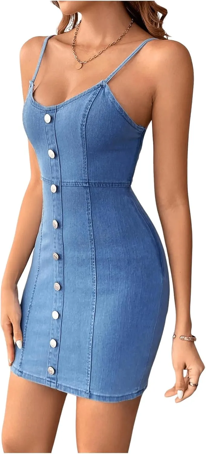 Floerns Women's Adjustable Spaghetti Strap Button Up Mini Denim Bodycon Dress