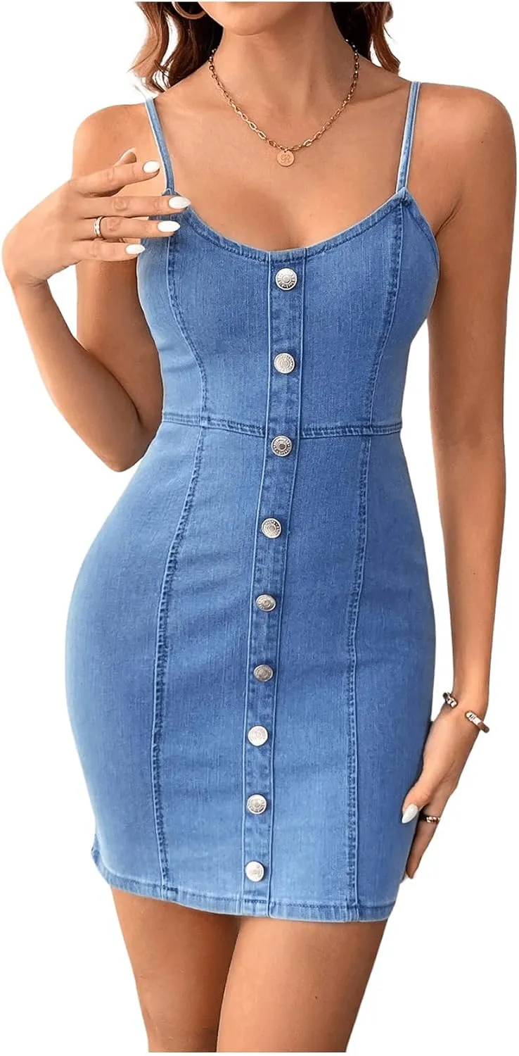 Floerns Women's Adjustable Spaghetti Strap Button Up Mini Denim Bodycon Dress