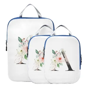 Floral Alphabet Monogrammed Navy Letter 3 Piece set Cubes Expandable Adjustable Luggage Packing Bags, Ultralight Organizer Accessories Travel Suitcase Compressible Bags