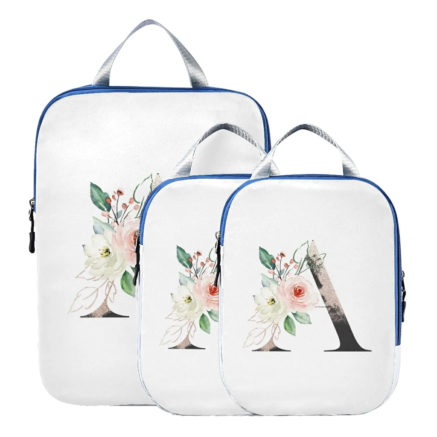 Floral Alphabet Monogrammed Navy Letter 3 Piece set Cubes Expandable Adjustable Luggage Packing Bags, Ultralight Organizer Accessories Travel Suitcase Compressible Bags
