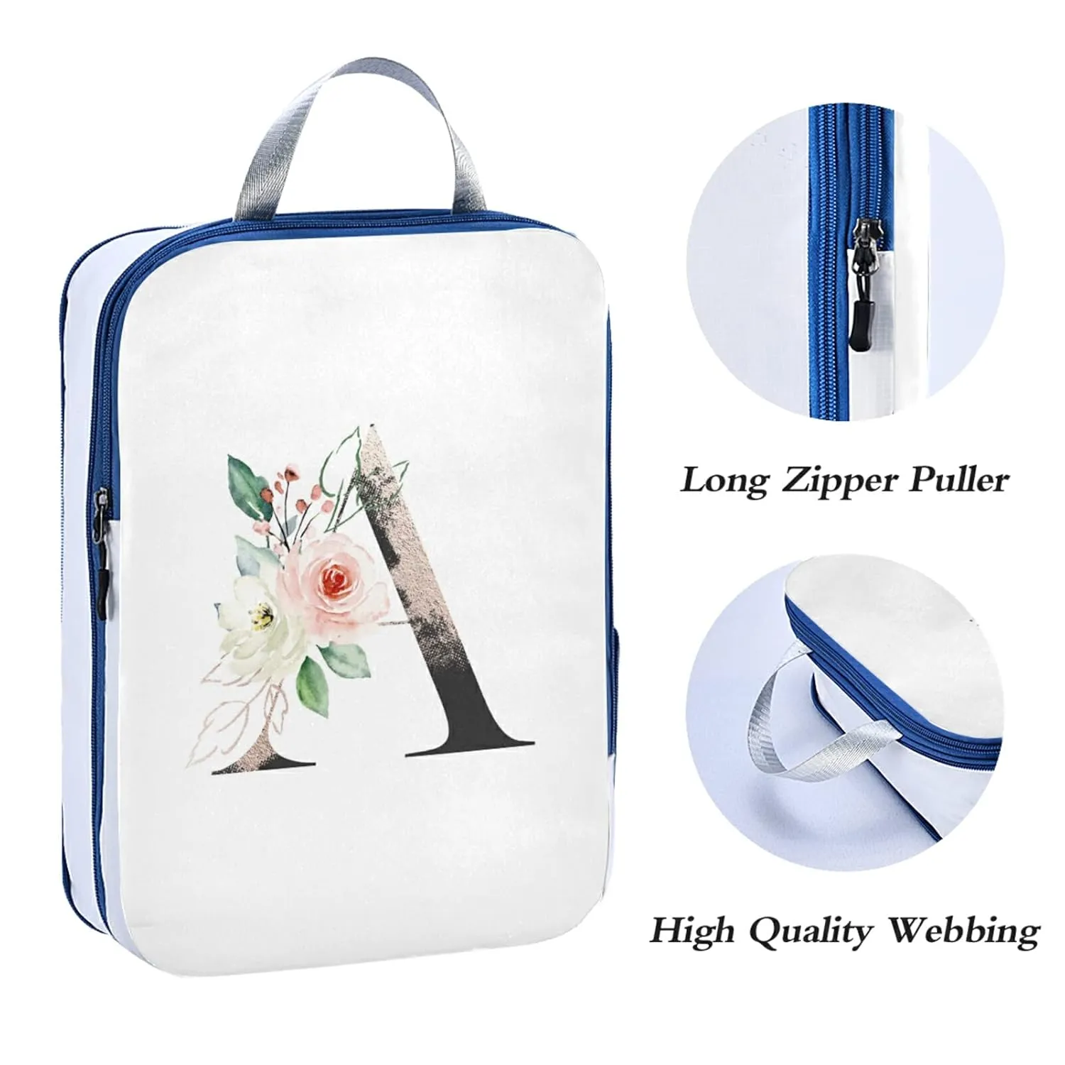Floral Alphabet Monogrammed Navy Letter 3 Piece set Cubes Expandable Adjustable Luggage Packing Bags, Ultralight Organizer Accessories Travel Suitcase Compressible Bags