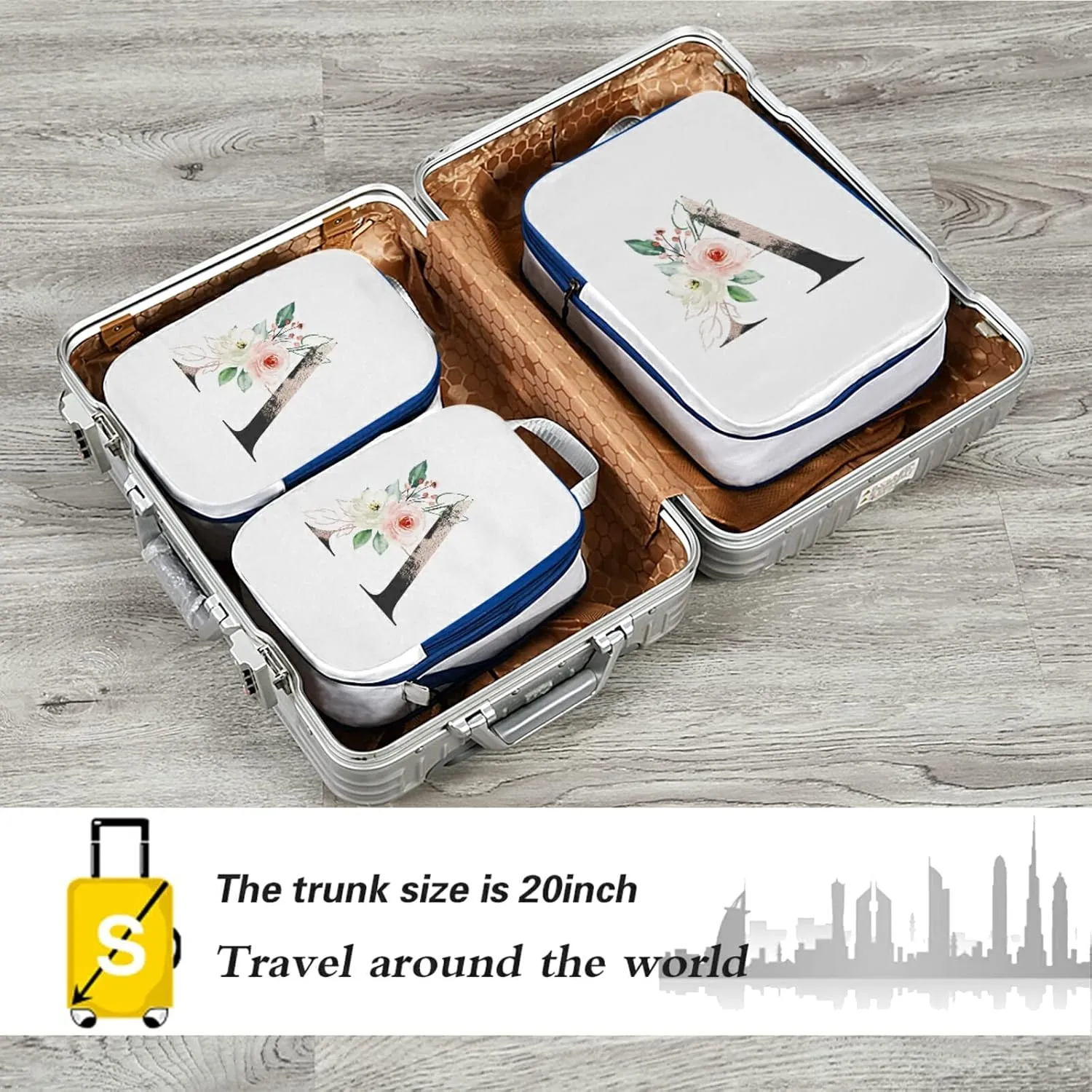 Floral Alphabet Monogrammed Navy Letter 3 Piece set Cubes Expandable Adjustable Luggage Packing Bags, Ultralight Organizer Accessories Travel Suitcase Compressible Bags
