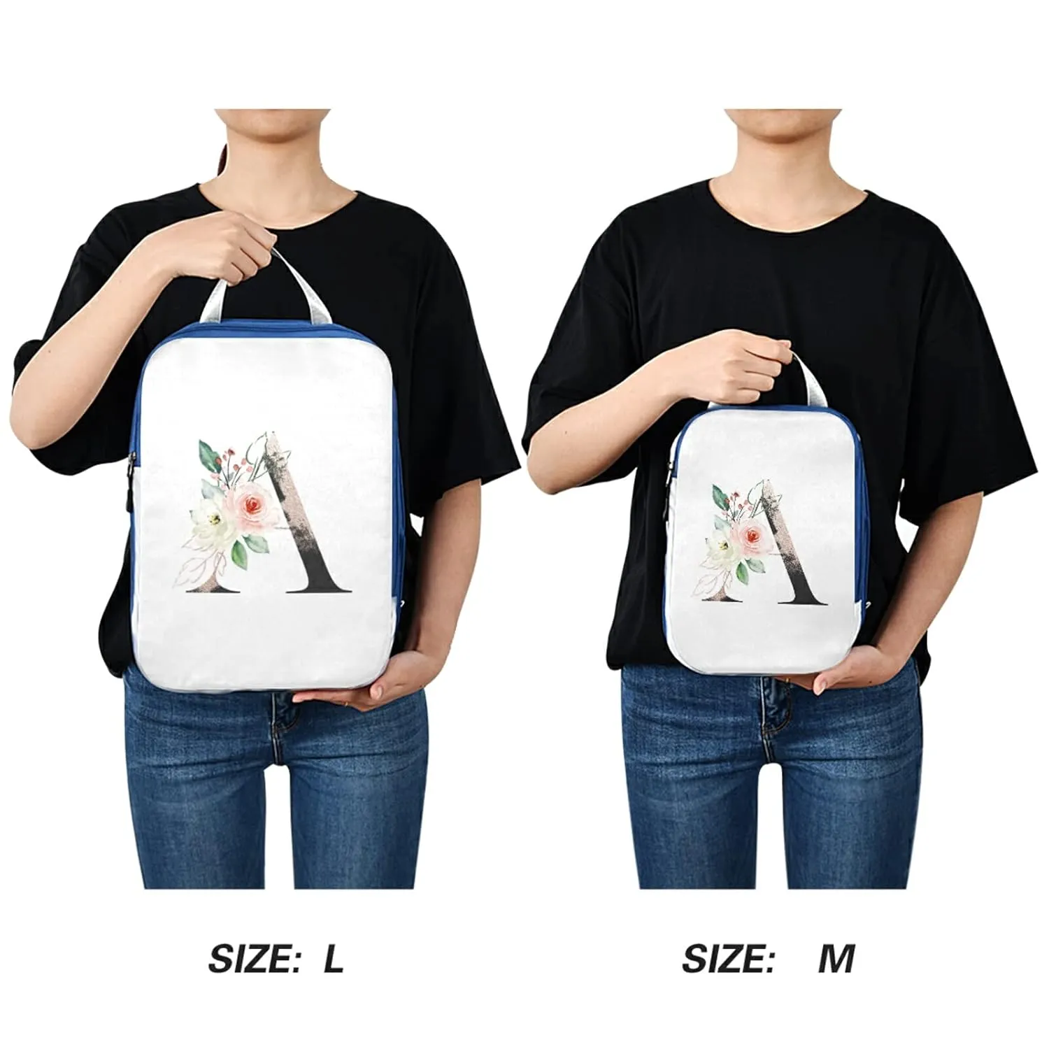 Floral Alphabet Monogrammed Navy Letter 3 Piece set Cubes Expandable Adjustable Luggage Packing Bags, Ultralight Organizer Accessories Travel Suitcase Compressible Bags