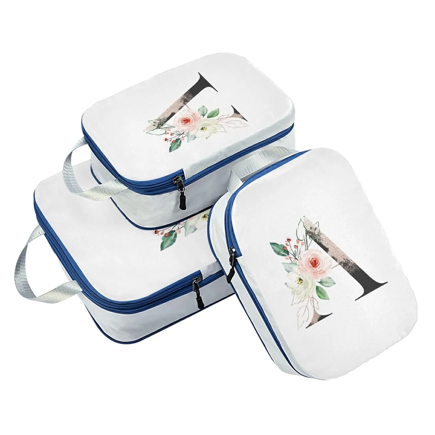 Floral Alphabet Monogrammed Navy Letter 3 Piece set Cubes Expandable Adjustable Luggage Packing Bags, Ultralight Organizer Accessories Travel Suitcase Compressible Bags