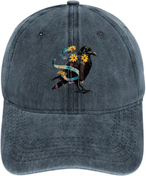 Floral Black Raven Blue Ribbon Baseball Trucker Cap Athletic Denim Hat Vintage Gaming Dad Hats for Men Women