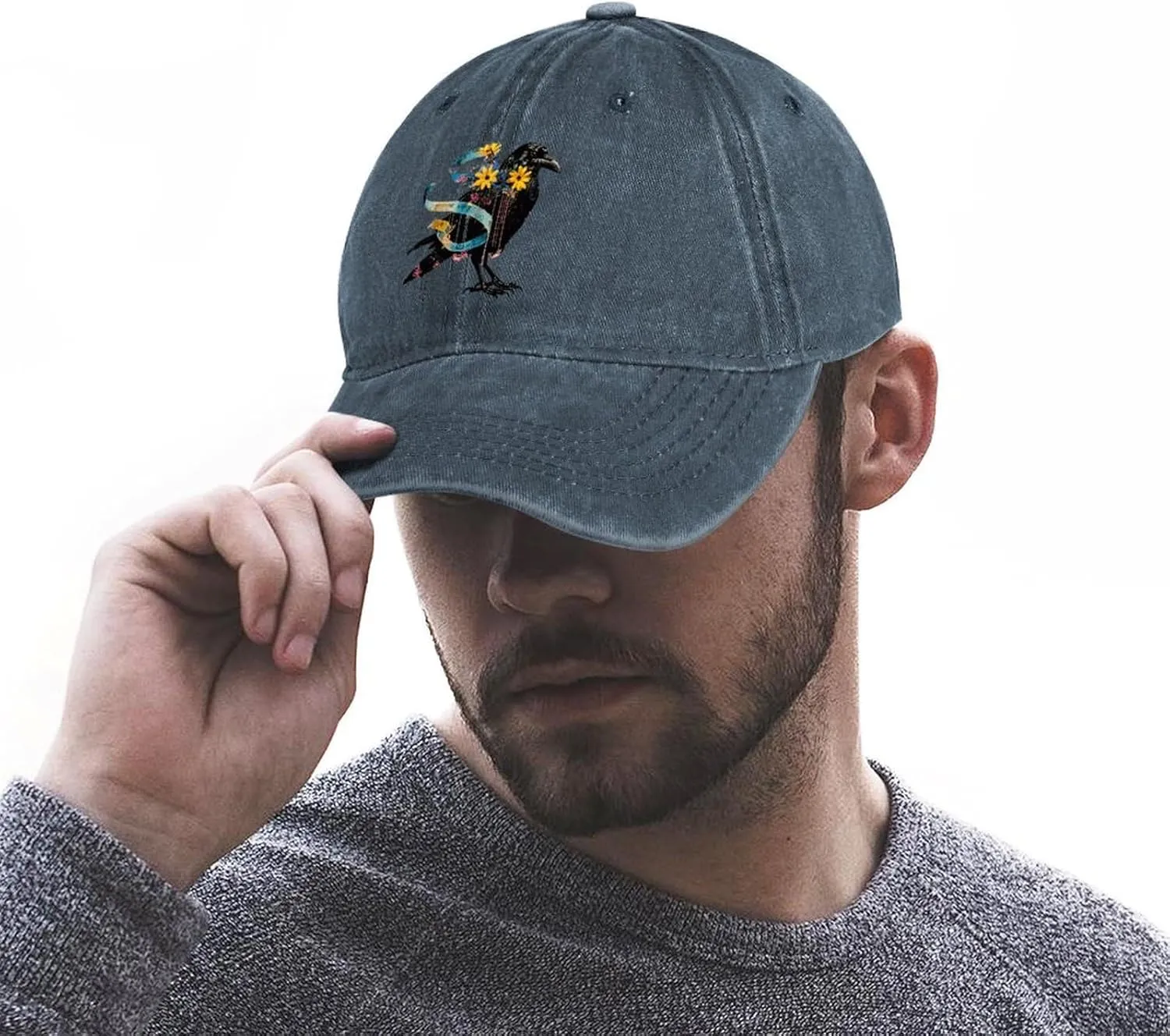 Floral Black Raven Blue Ribbon Baseball Trucker Cap Athletic Denim Hat Vintage Gaming Dad Hats for Men Women