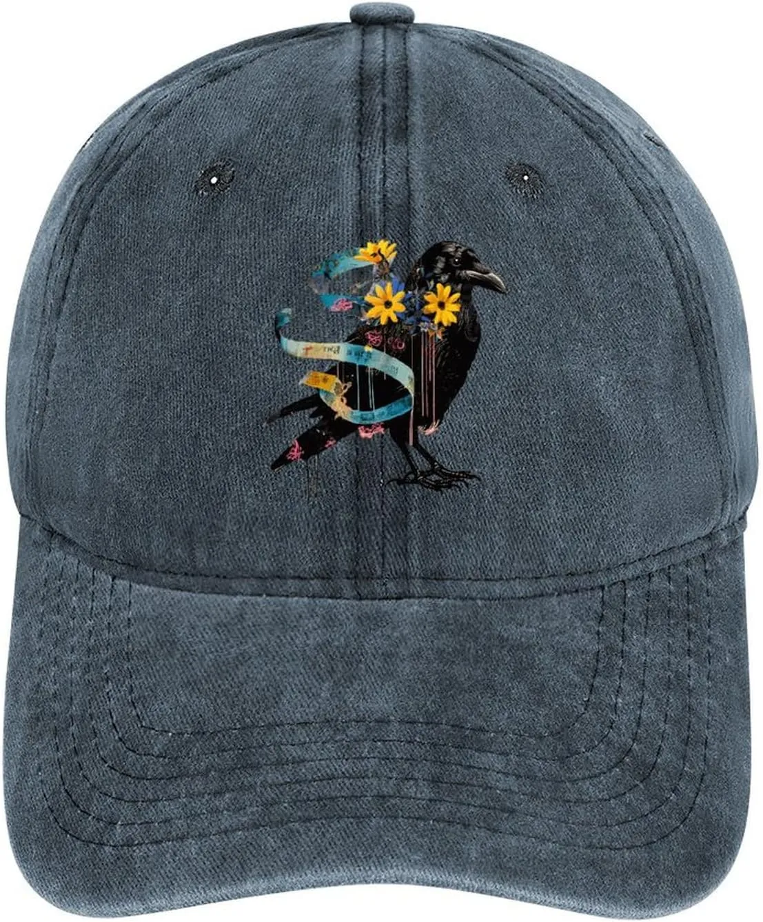 Floral Black Raven Blue Ribbon Baseball Trucker Cap Athletic Denim Hat Vintage Gaming Dad Hats for Men Women