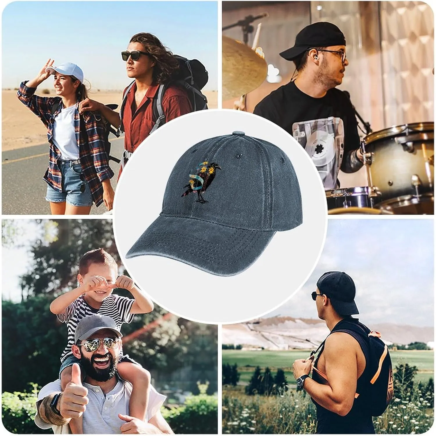 Floral Black Raven Blue Ribbon Baseball Trucker Cap Athletic Denim Hat Vintage Gaming Dad Hats for Men Women