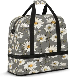 Flower Gray White Daisy Travel Duffel Bags for Women & Men Large Sports Gym Bags Foldie Weekender Overnight Bag Carry On Tote Bag With Shoe Compartment Personal Item Luggage for Travel Sports Gym