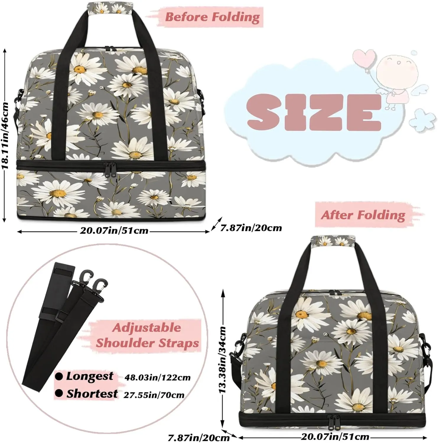 Flower Gray White Daisy Travel Duffel Bags for Women & Men Large Sports Gym Bags Foldie Weekender Overnight Bag Carry On Tote Bag With Shoe Compartment Personal Item Luggage for Travel Sports Gym