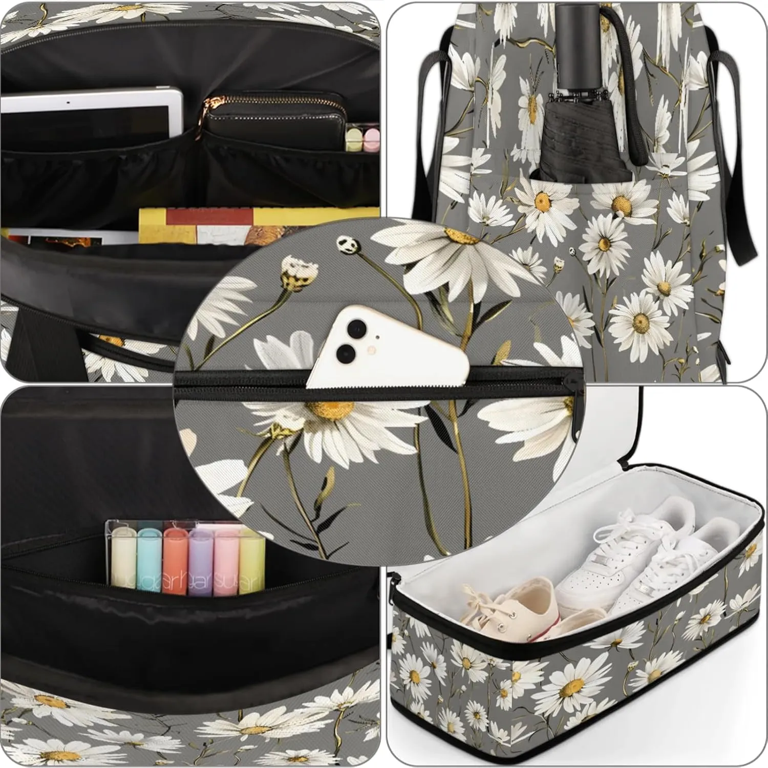 Flower Gray White Daisy Travel Duffel Bags for Women & Men Large Sports Gym Bags Foldie Weekender Overnight Bag Carry On Tote Bag With Shoe Compartment Personal Item Luggage for Travel Sports Gym