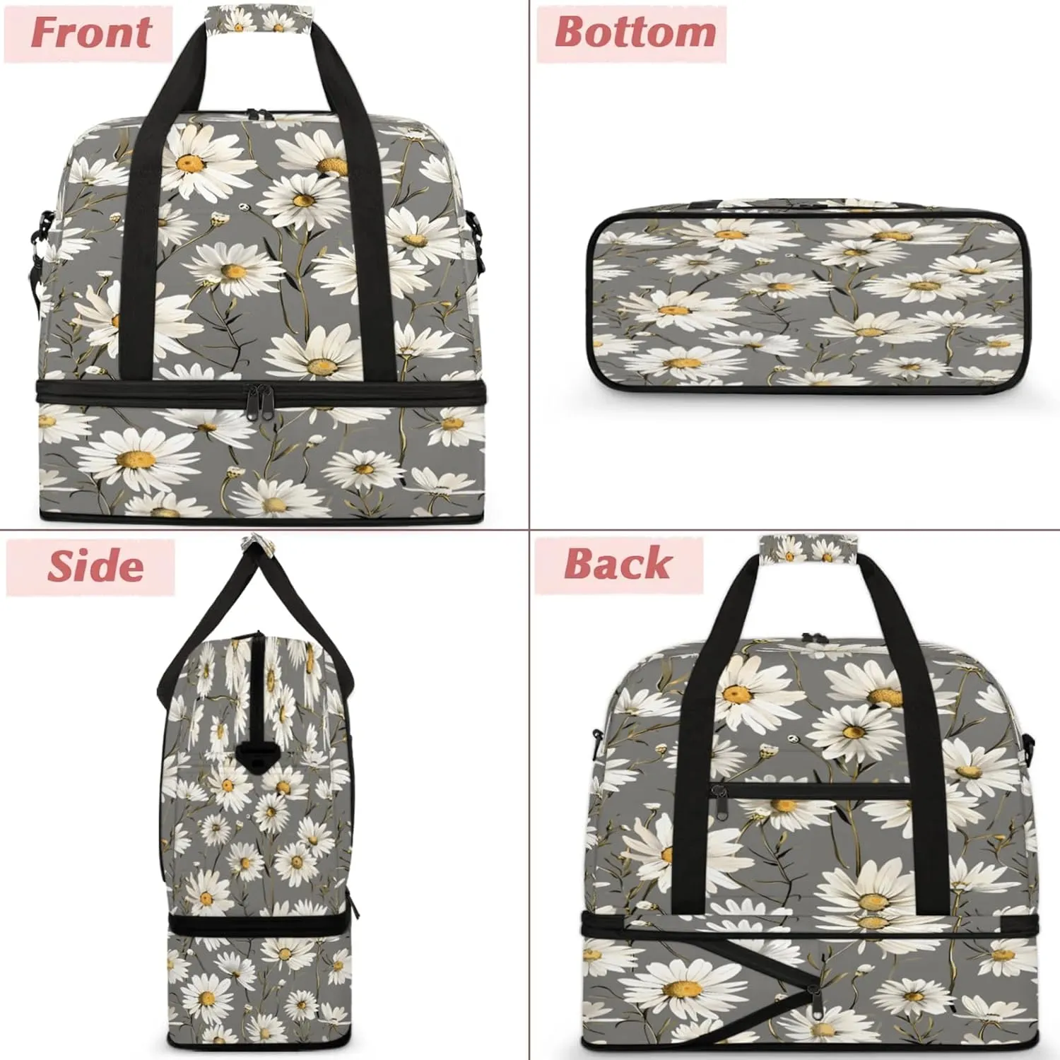 Flower Gray White Daisy Travel Duffel Bags for Women & Men Large Sports Gym Bags Foldie Weekender Overnight Bag Carry On Tote Bag With Shoe Compartment Personal Item Luggage for Travel Sports Gym