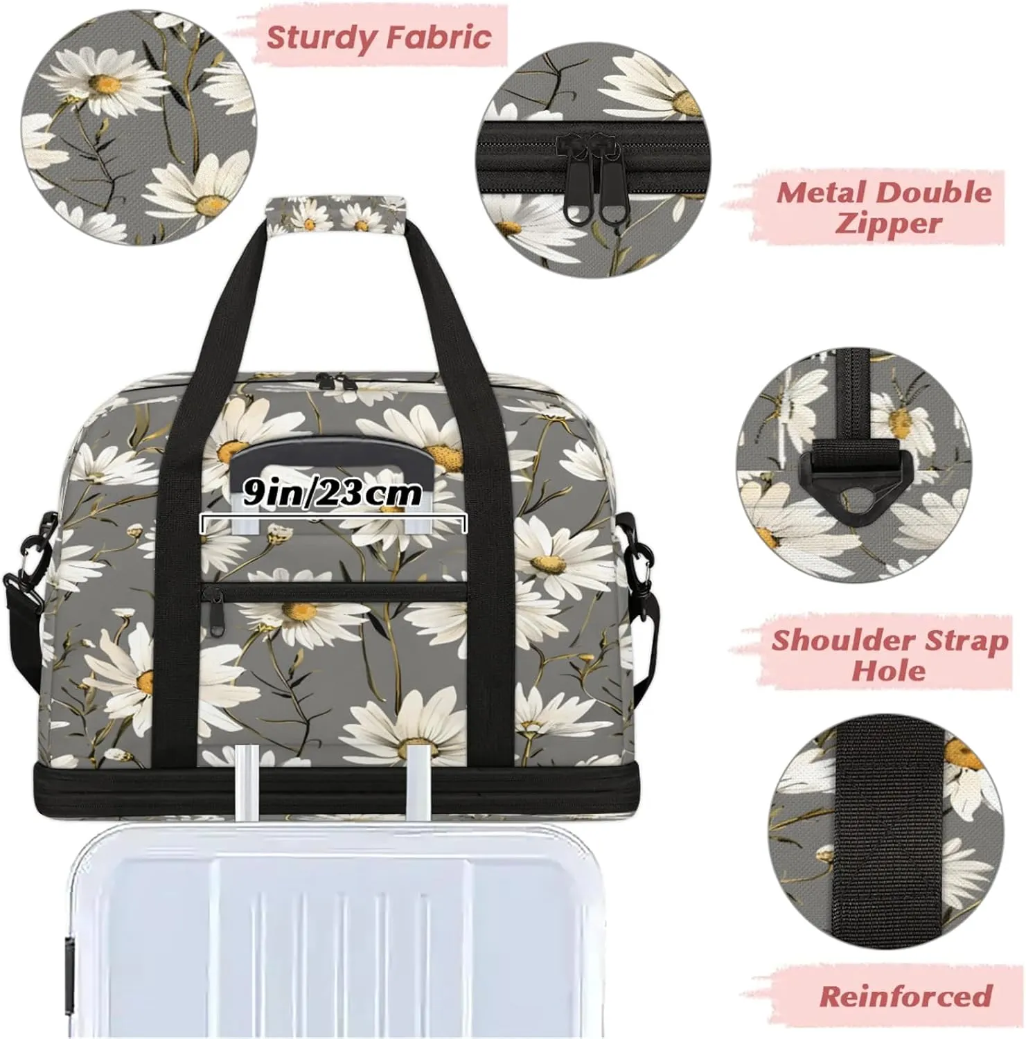 Flower Gray White Daisy Travel Duffel Bags for Women & Men Large Sports Gym Bags Foldie Weekender Overnight Bag Carry On Tote Bag With Shoe Compartment Personal Item Luggage for Travel Sports Gym