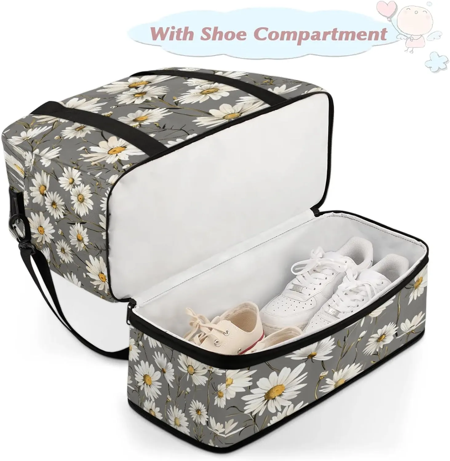 Flower Gray White Daisy Travel Duffel Bags for Women & Men Large Sports Gym Bags Foldie Weekender Overnight Bag Carry On Tote Bag With Shoe Compartment Personal Item Luggage for Travel Sports Gym