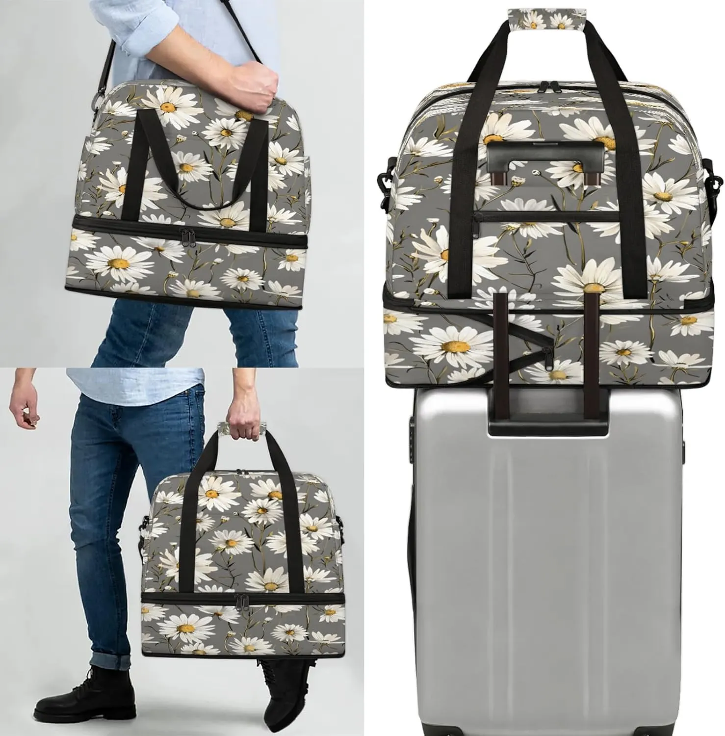 Flower Gray White Daisy Travel Duffel Bags for Women & Men Large Sports Gym Bags Foldie Weekender Overnight Bag Carry On Tote Bag With Shoe Compartment Personal Item Luggage for Travel Sports Gym