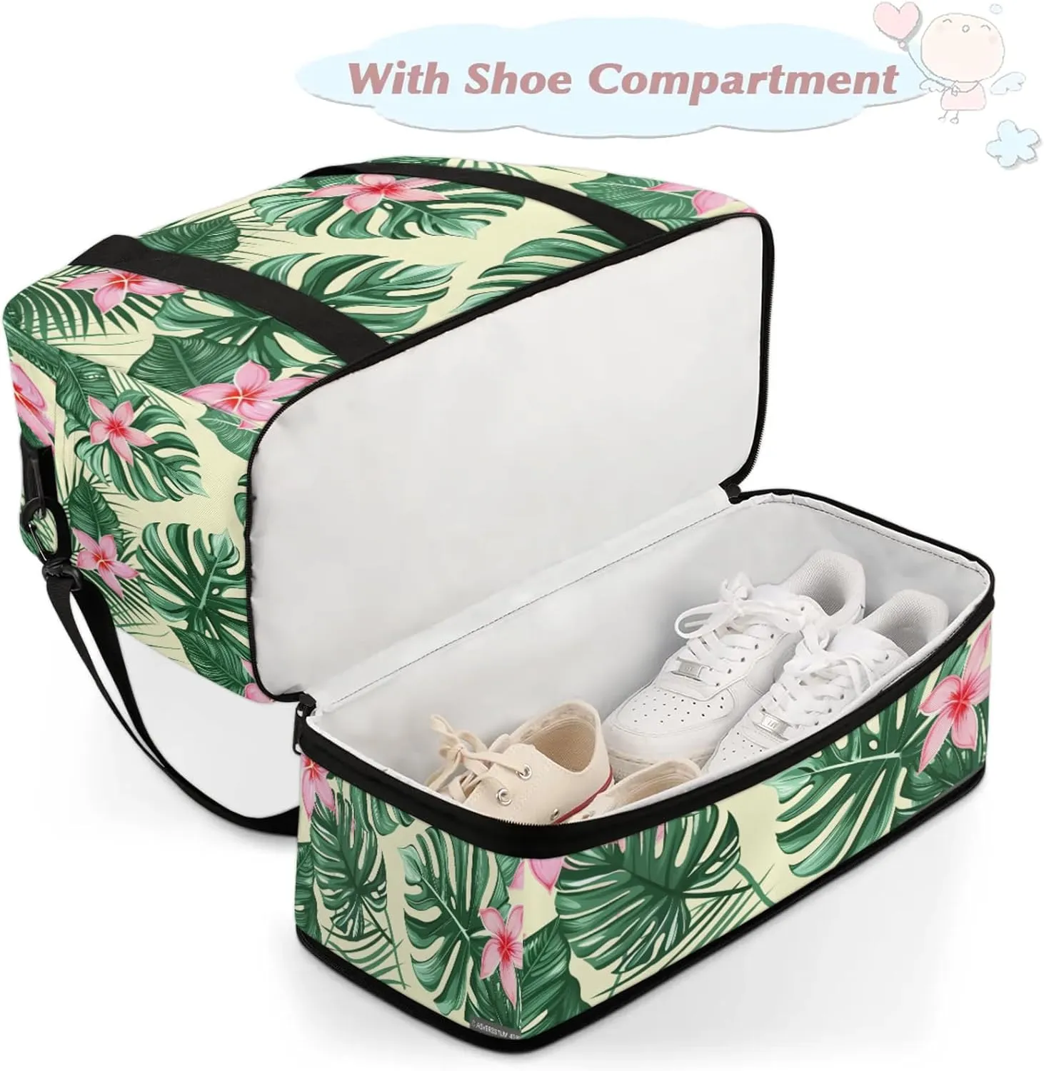 Flower Green LeavesTravel Duffel Bags for Women & Men Large Sports Gym Bags Foldie Weekender Overnight Bag Carry On Tote Bag With Shoe Compartment Personal Item Bag for Travel Sports Gym