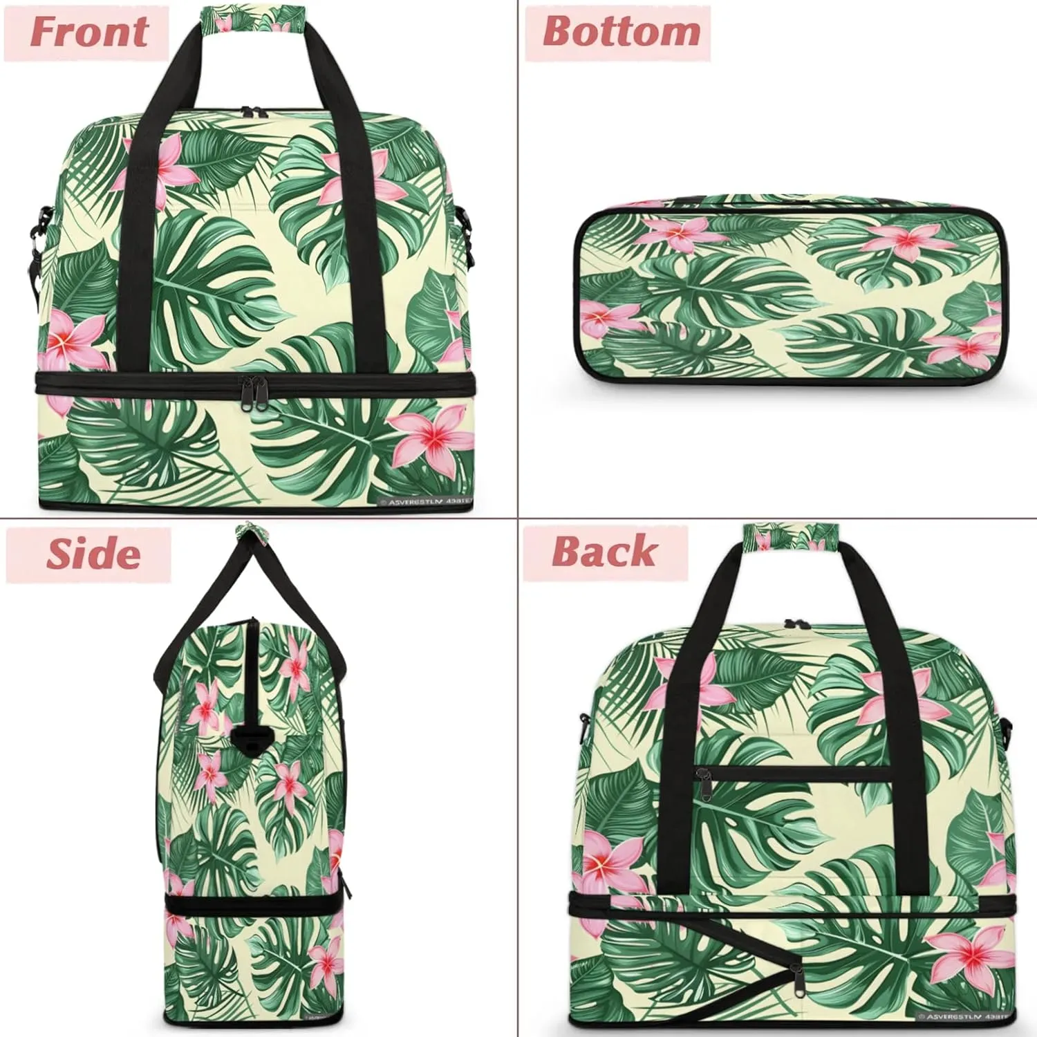 Flower Green LeavesTravel Duffel Bags for Women & Men Large Sports Gym Bags Foldie Weekender Overnight Bag Carry On Tote Bag With Shoe Compartment Personal Item Bag for Travel Sports Gym