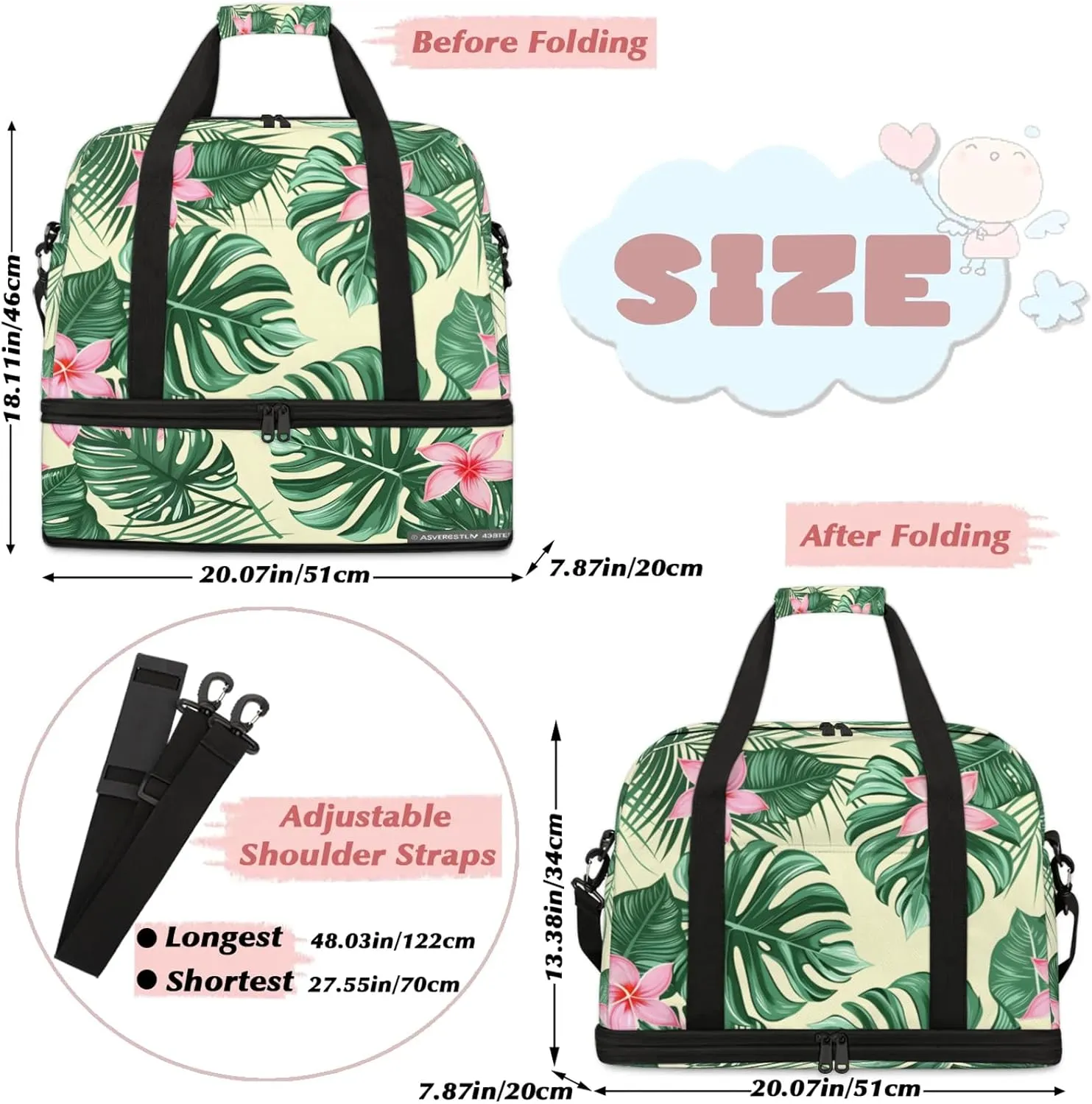 Flower Green LeavesTravel Duffel Bags for Women & Men Large Sports Gym Bags Foldie Weekender Overnight Bag Carry On Tote Bag With Shoe Compartment Personal Item Bag for Travel Sports Gym