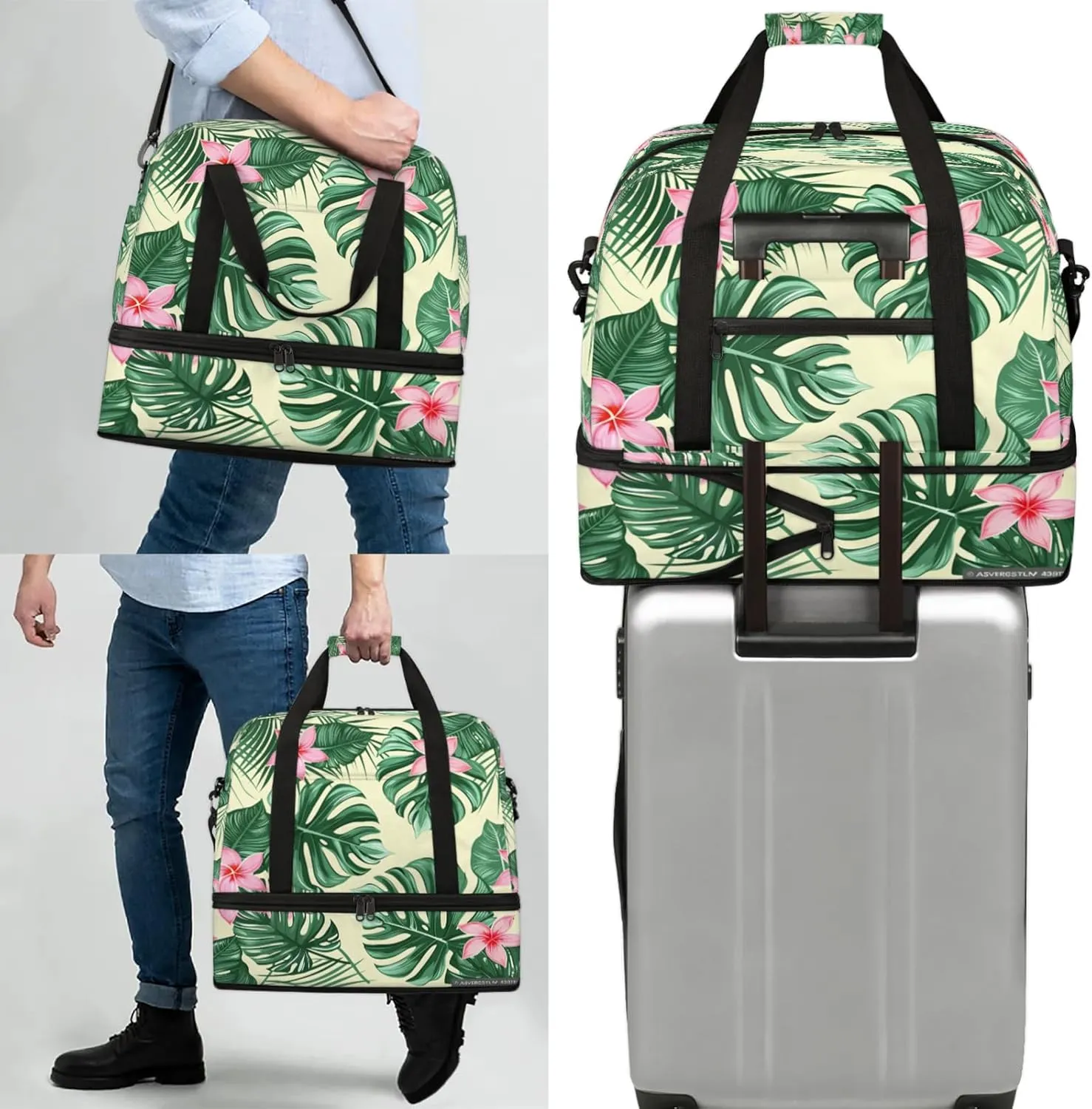 Flower Green LeavesTravel Duffel Bags for Women & Men Large Sports Gym Bags Foldie Weekender Overnight Bag Carry On Tote Bag With Shoe Compartment Personal Item Bag for Travel Sports Gym