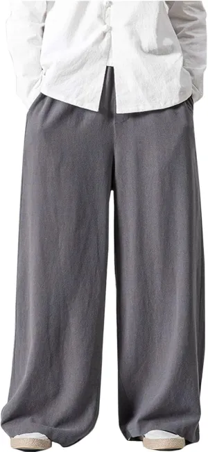 Flygo Mens Linen Pants Casual Wide Leg Baggy Pants Summer Cotton Elastic Waist Yoga Beach Palazzo Trousers