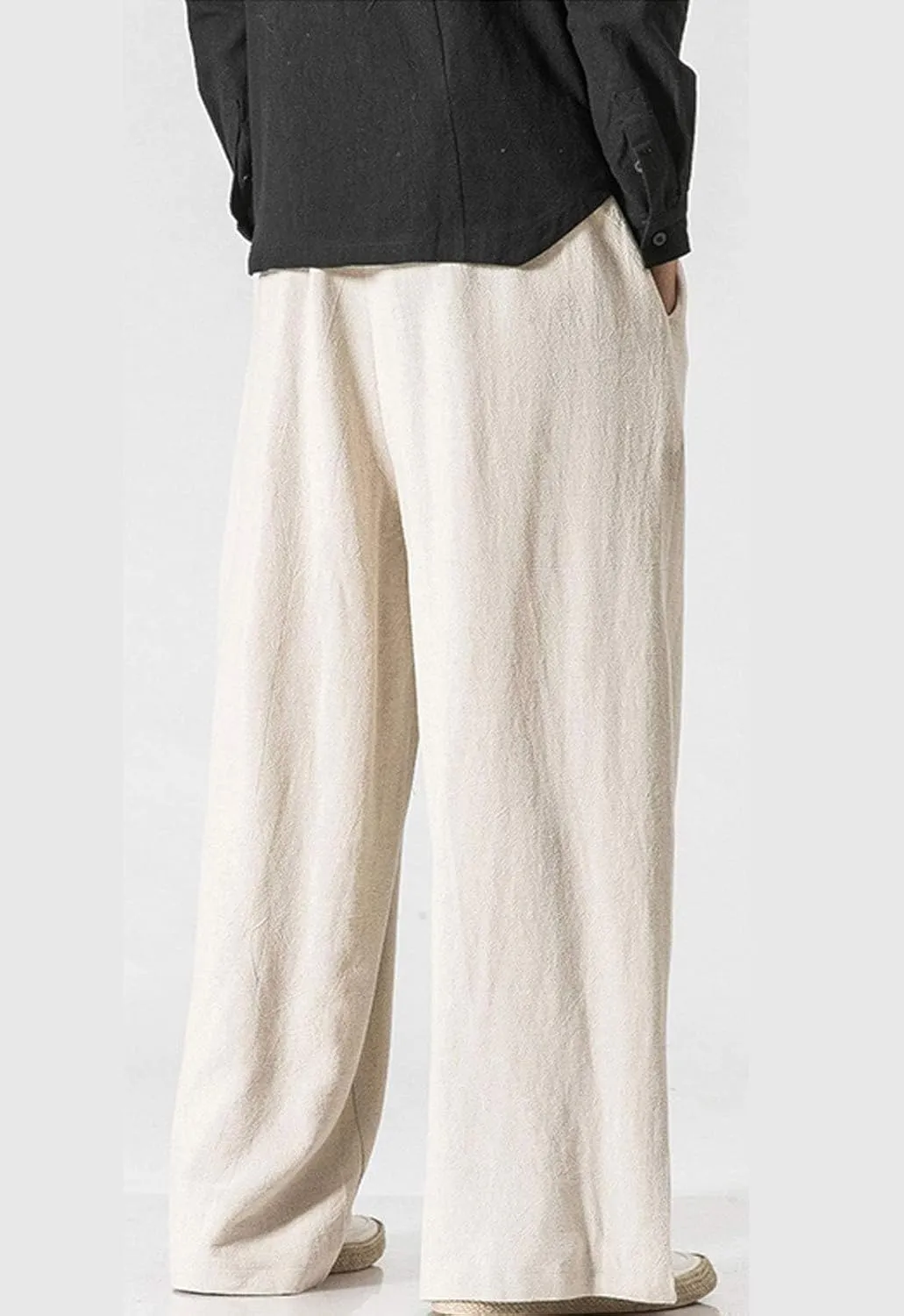 Flygo Mens Linen Pants Casual Wide Leg Baggy Pants Summer Cotton Elastic Waist Yoga Beach Palazzo Trousers