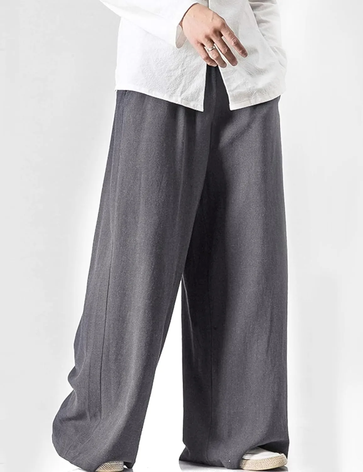 Flygo Mens Linen Pants Casual Wide Leg Baggy Pants Summer Cotton Elastic Waist Yoga Beach Palazzo Trousers