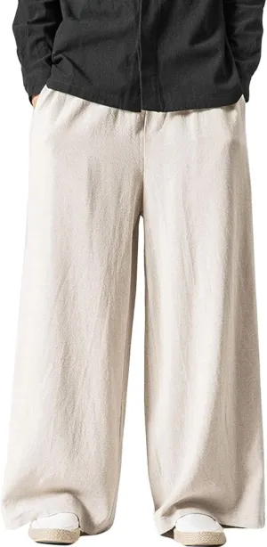 Flygo Mens Linen Pants Casual Wide Leg Baggy Pants Summer Cotton Elastic Waist Yoga Beach Palazzo Trousers