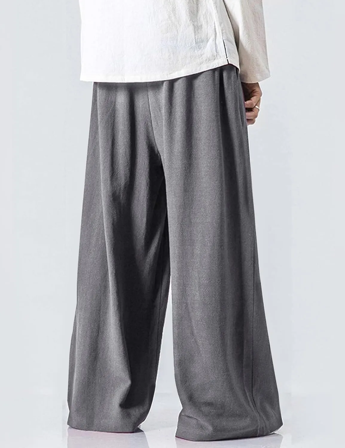 Flygo Mens Linen Pants Casual Wide Leg Baggy Pants Summer Cotton Elastic Waist Yoga Beach Palazzo Trousers