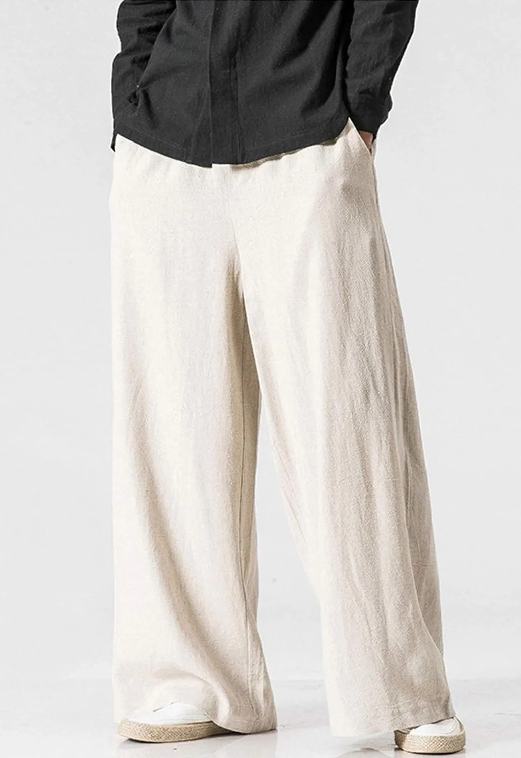 Flygo Mens Linen Pants Casual Wide Leg Baggy Pants Summer Cotton Elastic Waist Yoga Beach Palazzo Trousers
