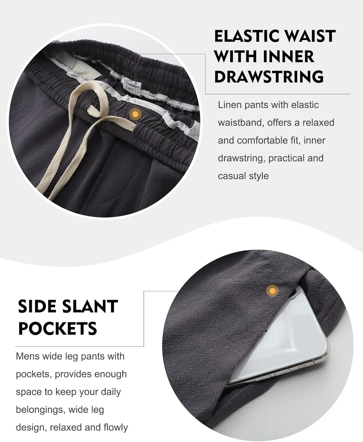 Flygo Mens Linen Pants Casual Wide Leg Baggy Pants Summer Cotton Elastic Waist Yoga Beach Palazzo Trousers