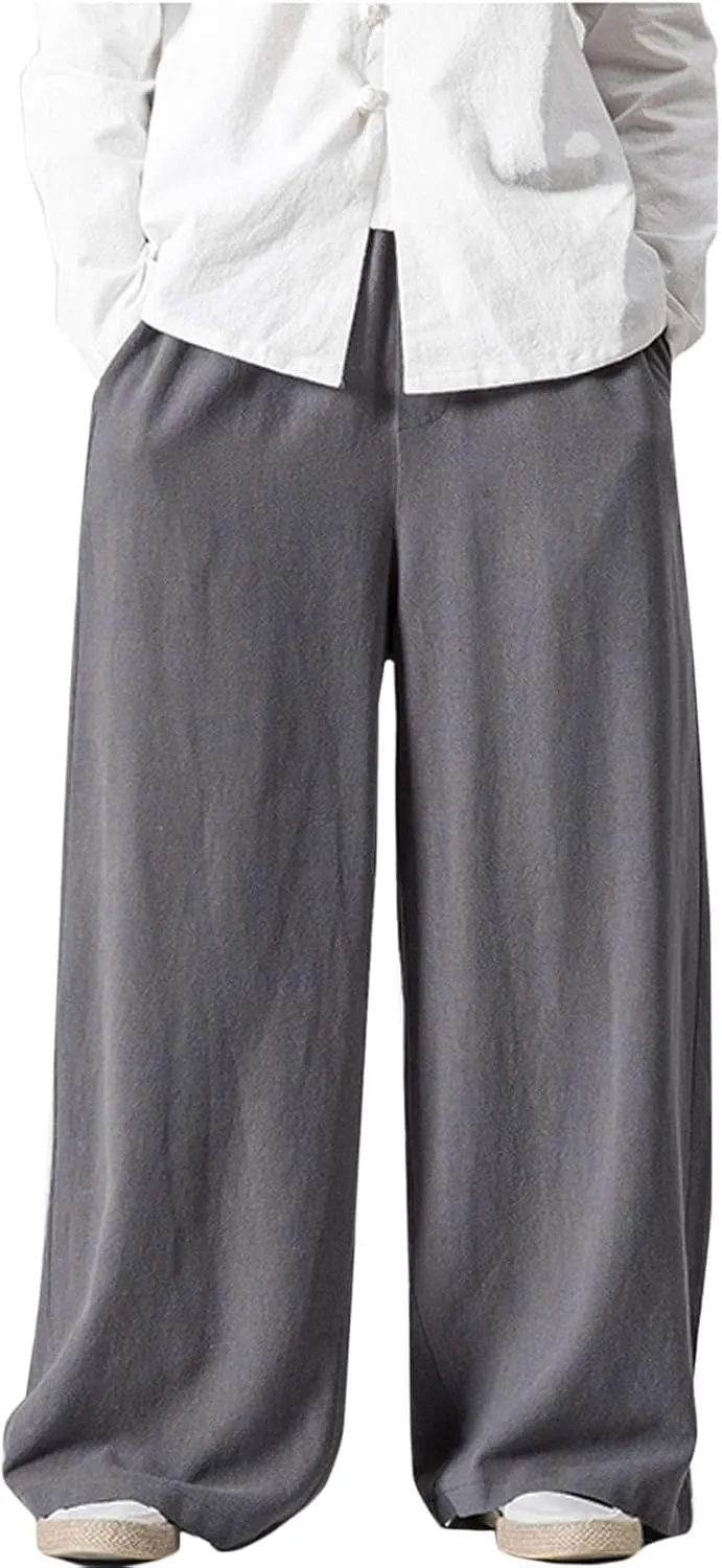Flygo Mens Linen Pants Casual Wide Leg Baggy Pants Summer Cotton Elastic Waist Yoga Beach Palazzo Trousers