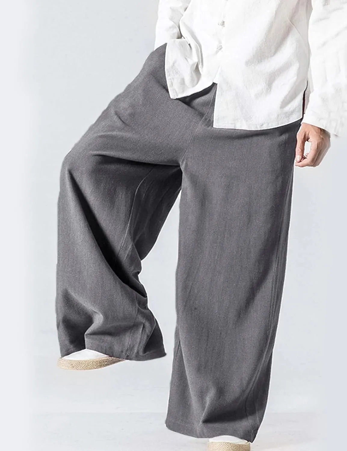 Flygo Mens Linen Pants Casual Wide Leg Baggy Pants Summer Cotton Elastic Waist Yoga Beach Palazzo Trousers