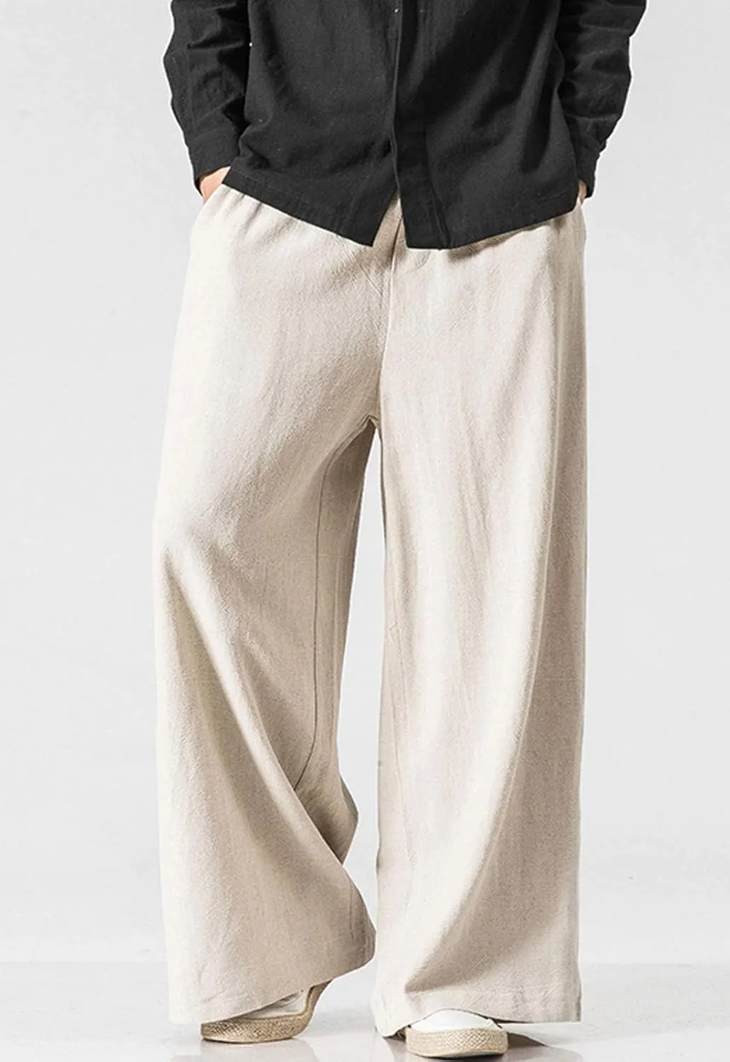 Flygo Mens Linen Pants Casual Wide Leg Baggy Pants Summer Cotton Elastic Waist Yoga Beach Palazzo Trousers