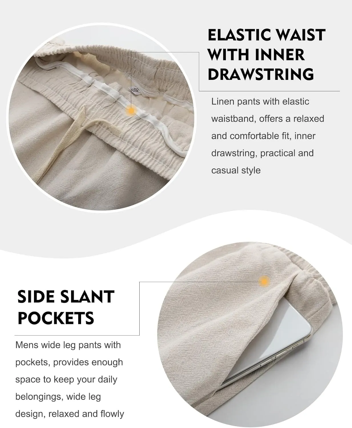Flygo Mens Linen Pants Casual Wide Leg Baggy Pants Summer Cotton Elastic Waist Yoga Beach Palazzo Trousers