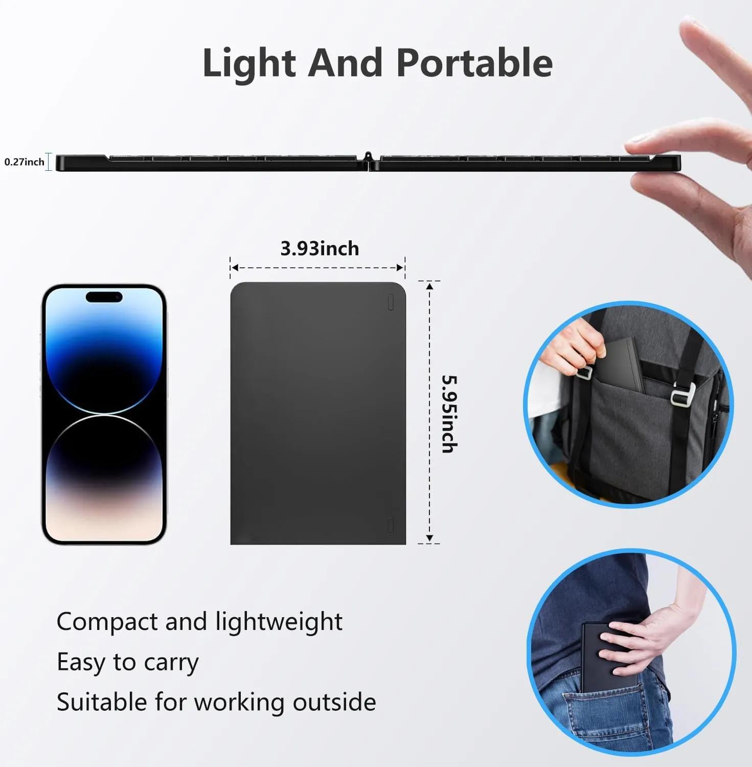 Foldable Bluetooth Keyboard - Portable Keyboard with Storage Bag, Rechargeable Full Size Ultra Slim Compatible iOS Android Windows Smartphone Tablet and Laptop (Elegant Blue-Black)