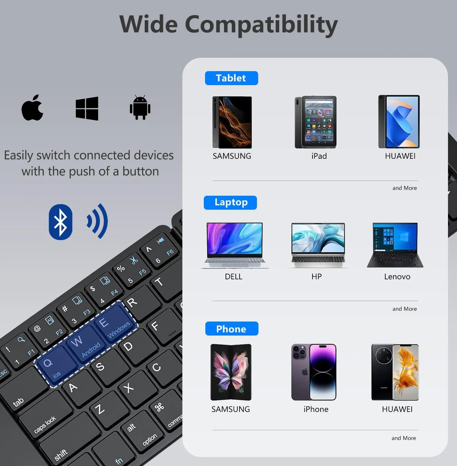 Foldable Bluetooth Keyboard - Portable Keyboard with Storage Bag, Rechargeable Full Size Ultra Slim Compatible iOS Android Windows Smartphone Tablet and Laptop (Elegant Blue-Black)