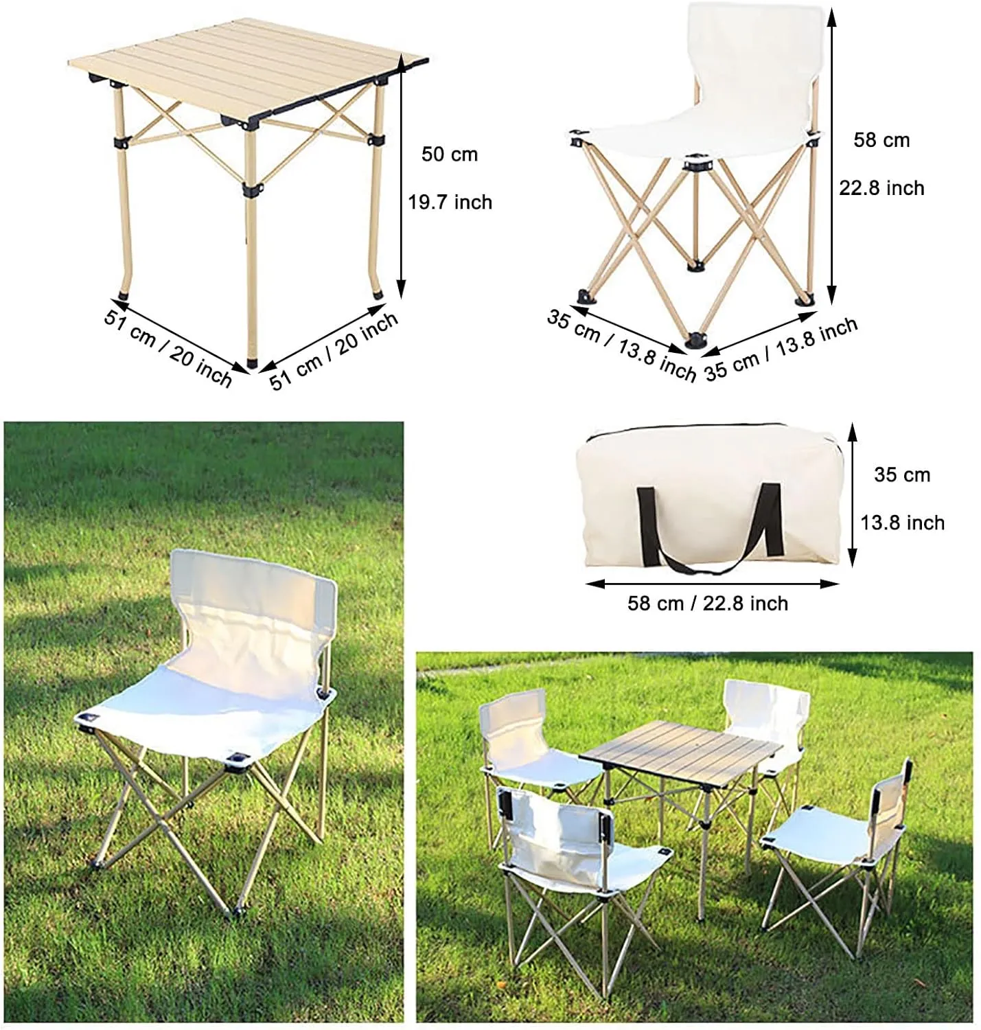 Folding Camping Chairs Holds up to 260 lbs Portable Camping Chairs x 4 with 1 Foldable Picnic Table Full Set 16.5 Ibs Lightweight Camping Chair with Carry Bag (Color : Beige)