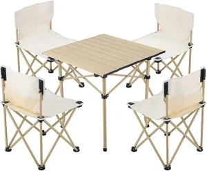 Folding Camping Chairs Holds up to 260 lbs Portable Camping Chairs x 4 with 1 Foldable Picnic Table Full Set 16.5 Ibs Lightweight Camping Chair with Carry Bag (Color : Beige)