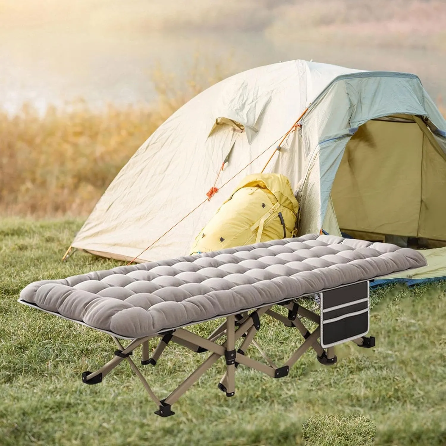 Folding Camping Cot Sleeping Cot with Carry Bag Heavy Duty Guest Bed with Mattress Outdoor Camping Bed for Adults Noon Break, Gray