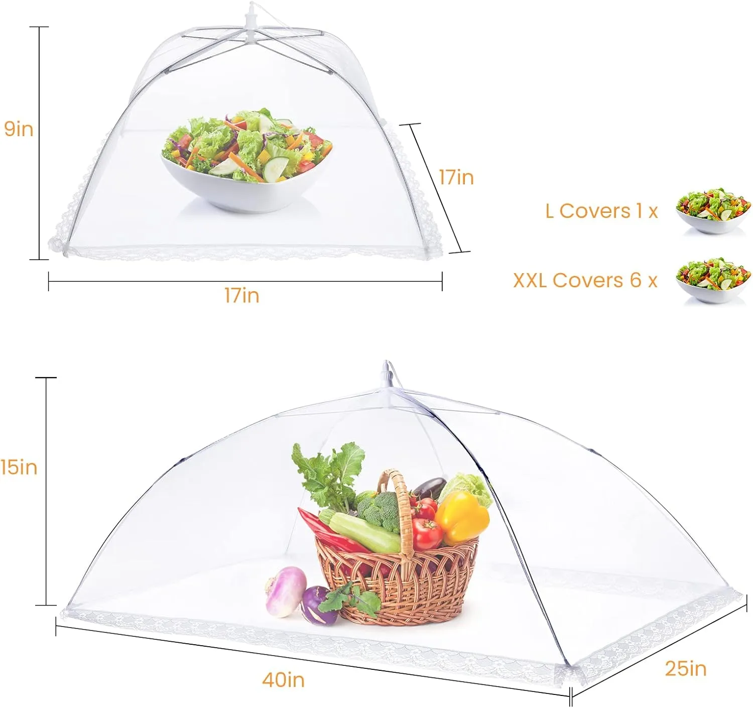 Food Covers for Outside - 2 Extra Large (40 x 25 in) & 6 Large (17 x 17 in) Food Tents/Food Covers for Outdoors Mesh Screen, Picnic Pool Party Supplies, Pop-Up and Collapsible