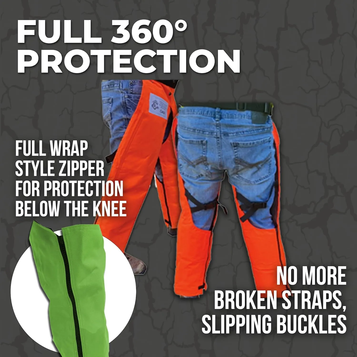 FORESTER EZ-Zip Wrap Around Chainsaw Chaps - 360 Degree Below The Knee Protection - Adjustable Belt Chain Saw Chaps for Men or Women - Full Wrap Zipper Chainsaw Pants (37in, Safety Green)