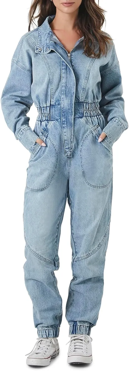 Forever 21 Womens Denim Funnel-neck Jumpsuit