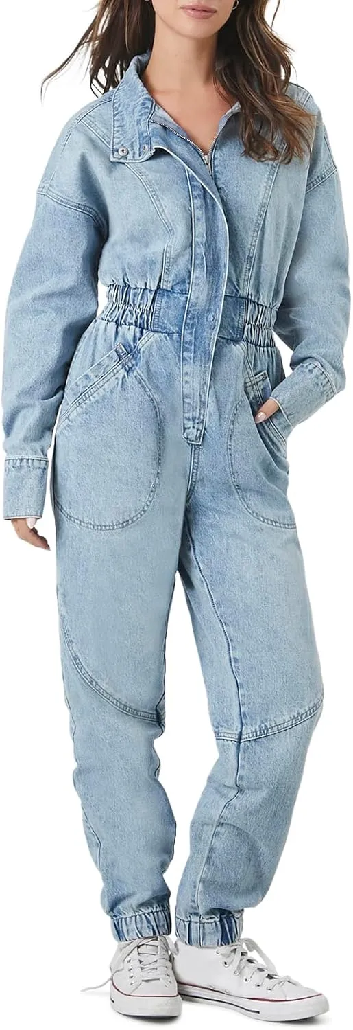 Forever 21 Womens Denim Funnel-neck Jumpsuit