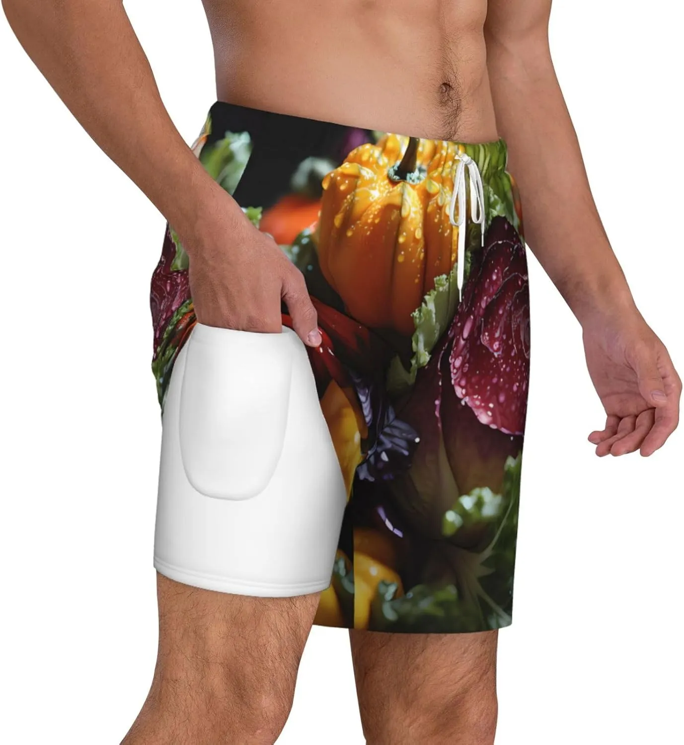 Fresh Cabbage Print Men's Swim Shorts, Running Trunks with Compression Liner, Quick Dry Workout Shorts