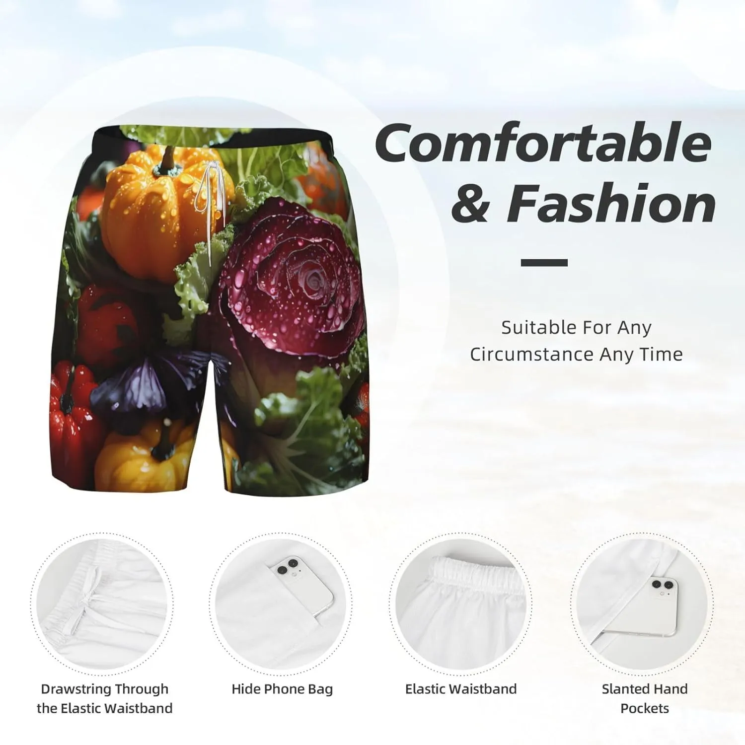 Fresh Cabbage Print Men's Swim Shorts, Running Trunks with Compression Liner, Quick Dry Workout Shorts