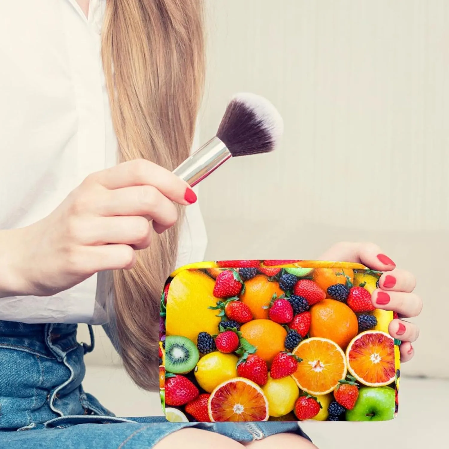Fresh Fruit Strawberry Mulberry Orange Grape Cosmetic Makeup Bags, Small Travel Zipper Pouch Portable Toiletry Bag Makeup Organizer for Women Teen Girls